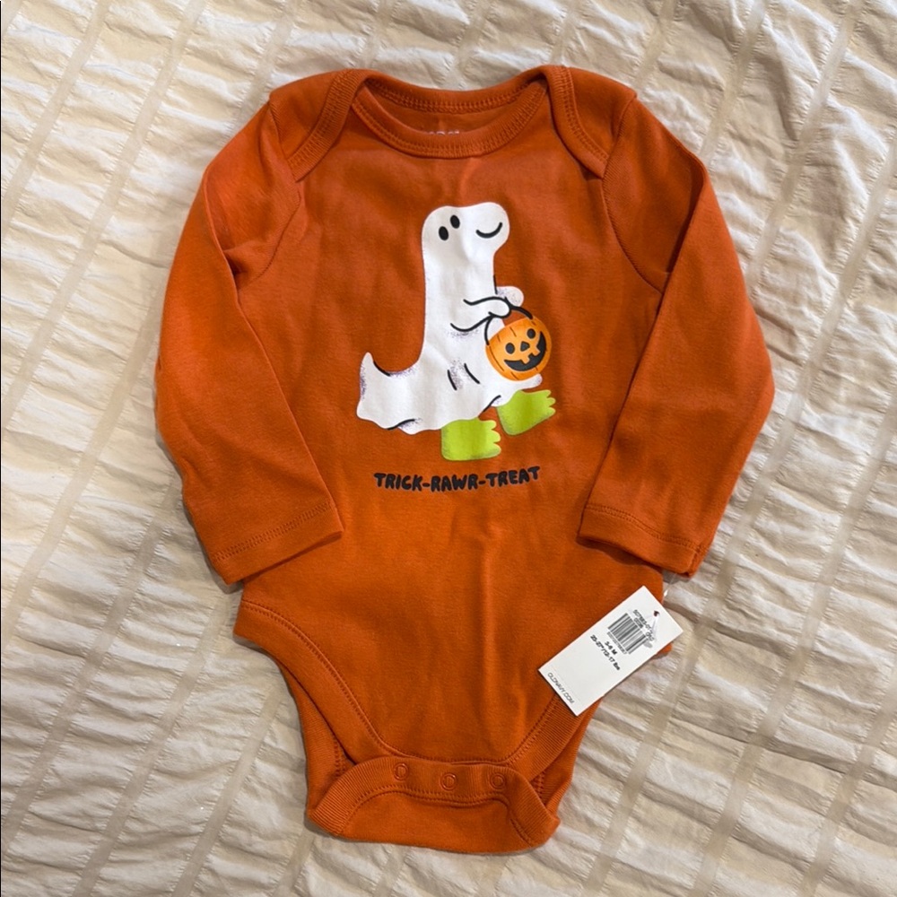 Orange Dino Ghost Print Kids One Piece